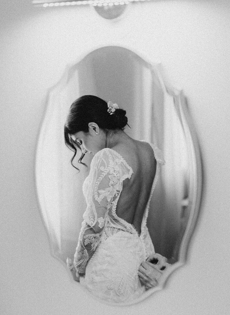 Model wearing a white bridal dress